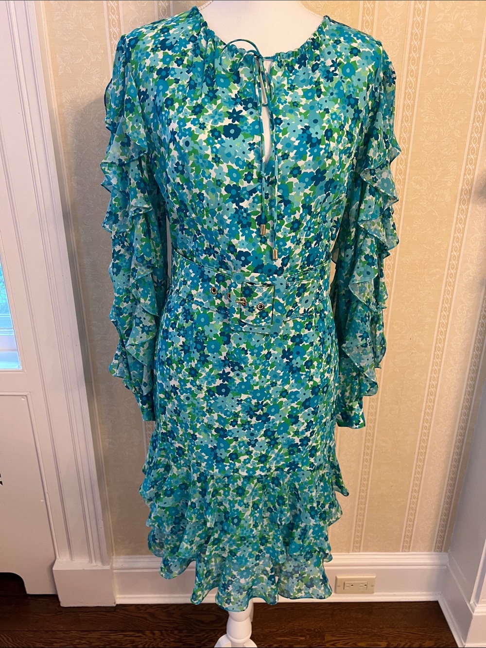 Michael Kors Collection Silk Turquoise Floral Ruffle Dress
